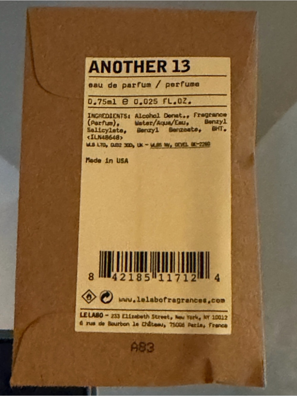 Le Labo Another 13 Sample Brown Kraft with Cream Label